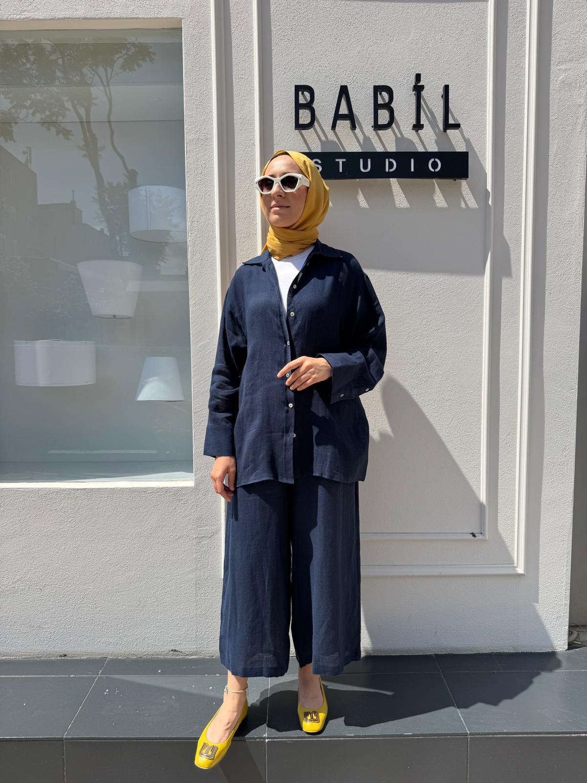 25SS212 Keten Basic Kadın Gömlek LACİVERT DÜZ