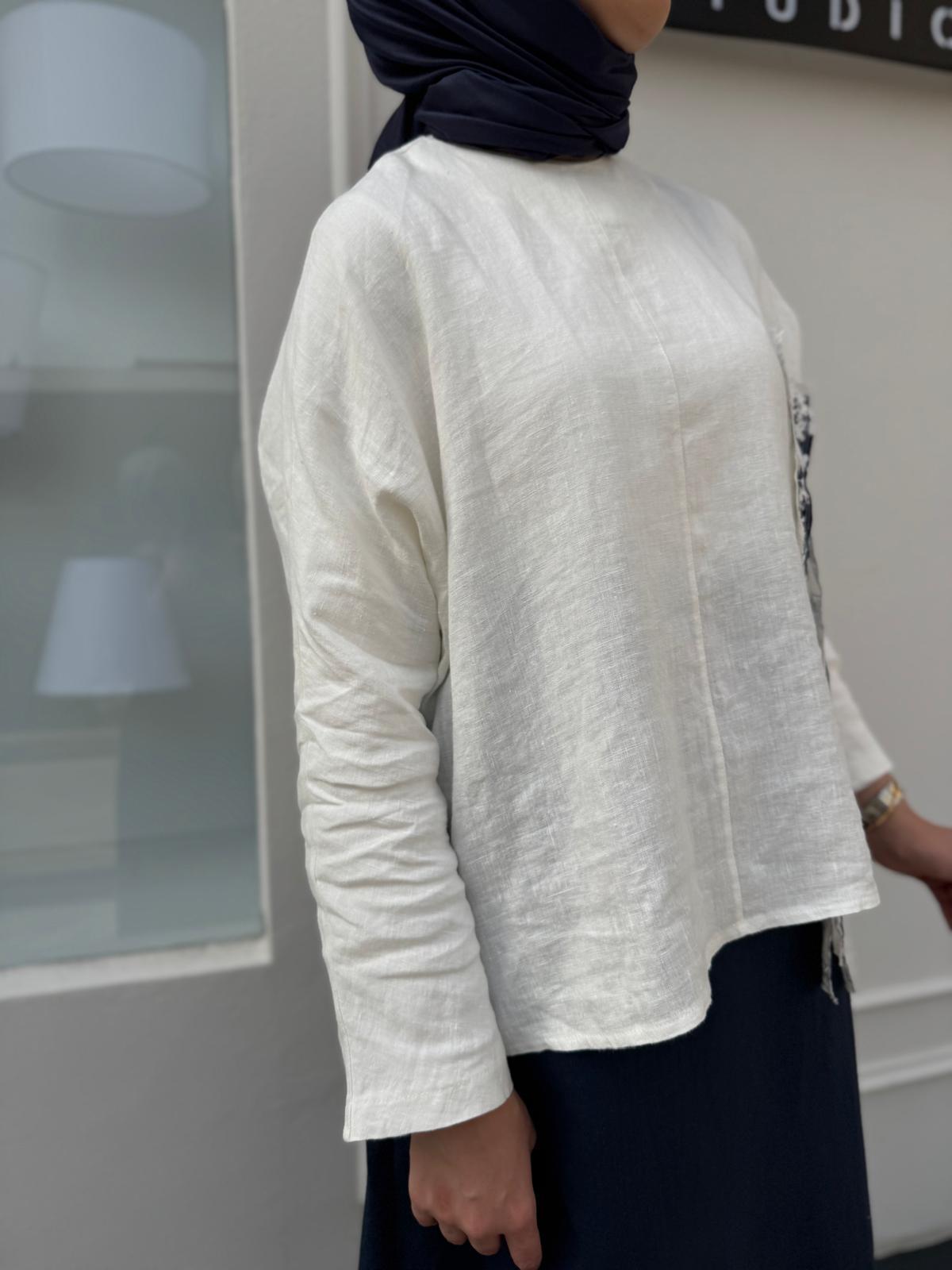 25SS216 Keten Baskı Parçalı Kadın Tunik Beyaz