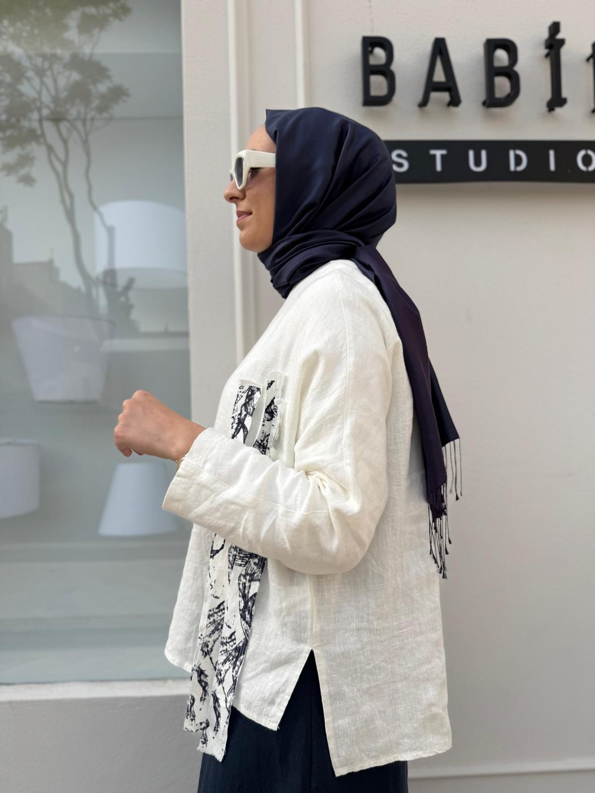 25SS216 Keten Baskı Parçalı Kadın Tunik Beyaz