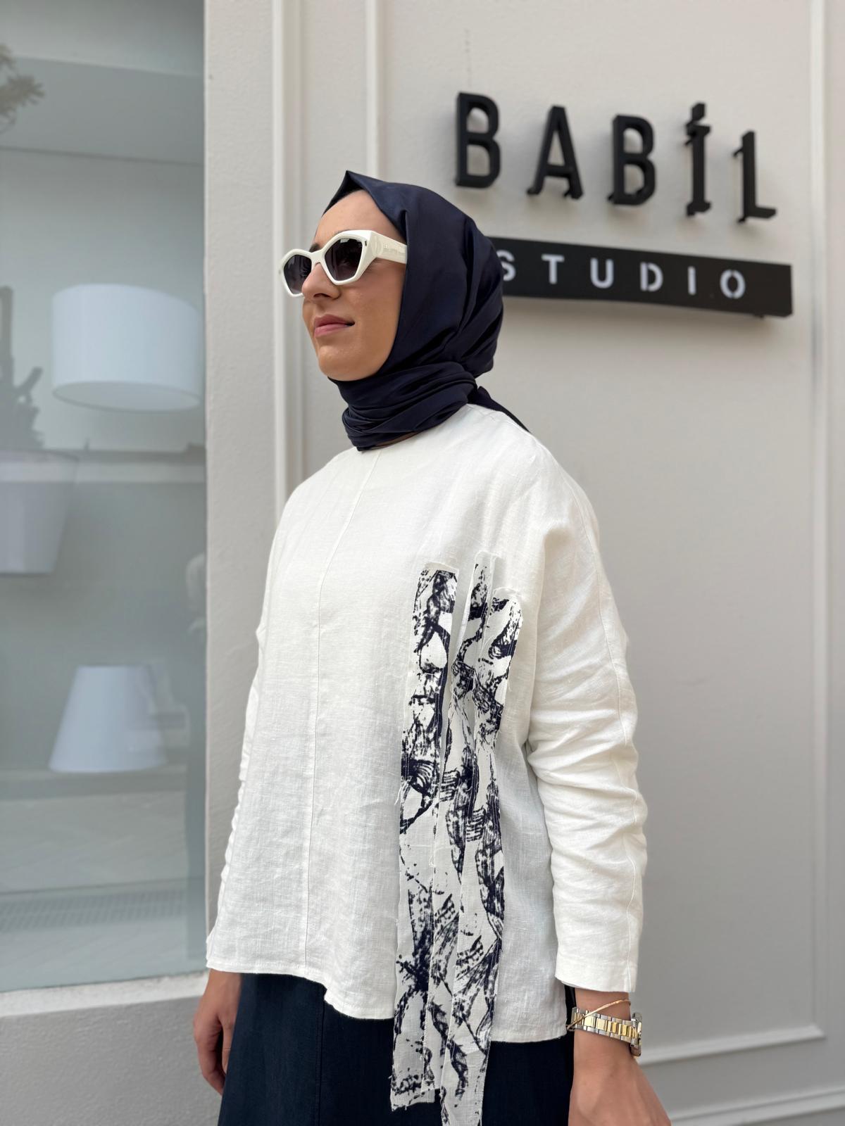 25SS216 Keten Baskı Parçalı Kadın Tunik Beyaz
