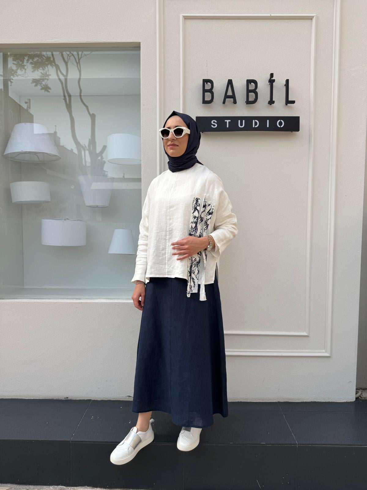 25SS216 Keten Baskı Parçalı Kadın Tunik Beyaz
