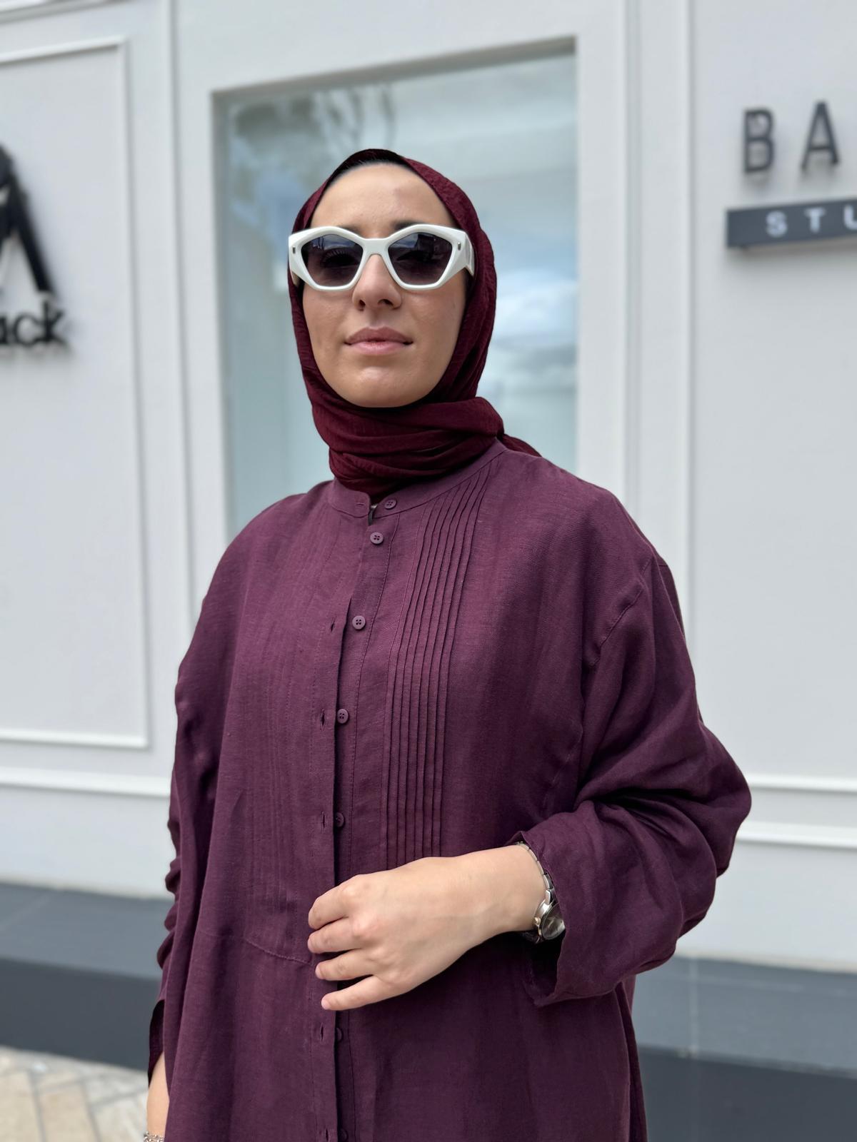 25SS230 Keten Dikişli Min Kadın Uzun Gömlek Mürdüm