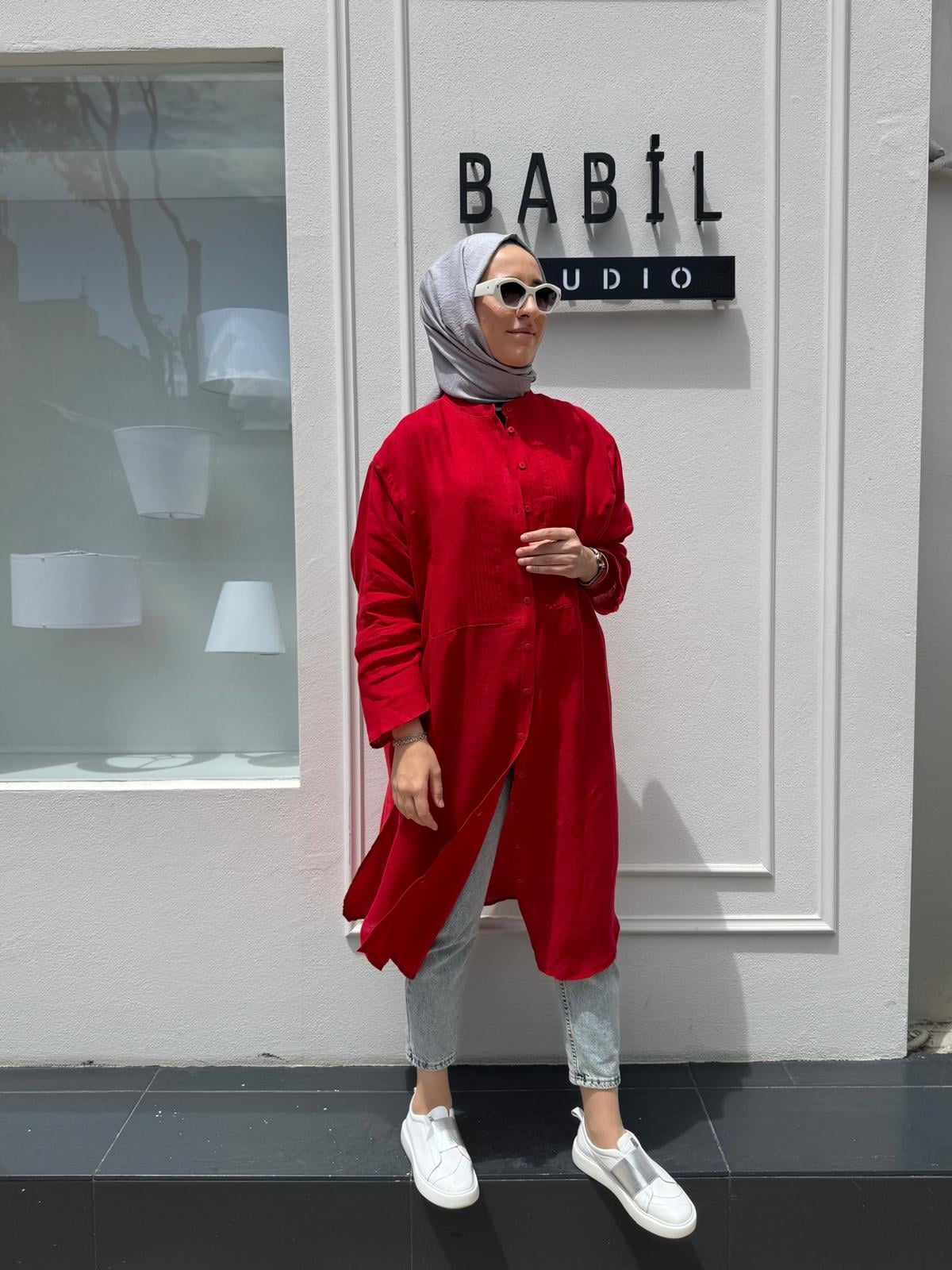 25SS230 Keten Dikişli Min Kadın Uzun Gömlek Kırmızı