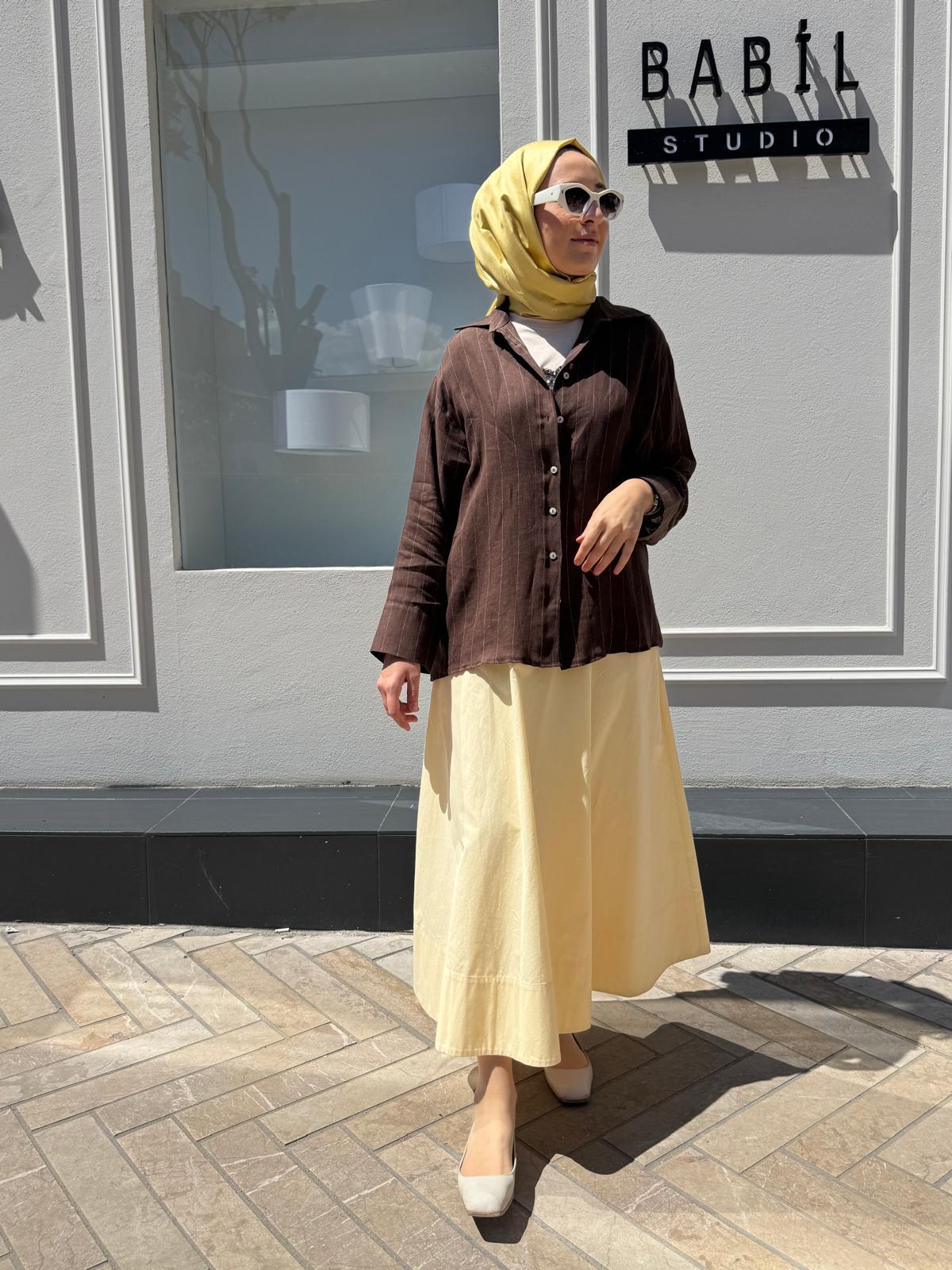 25SS281 Çizgili Keten Kadın Gömlek Kahve