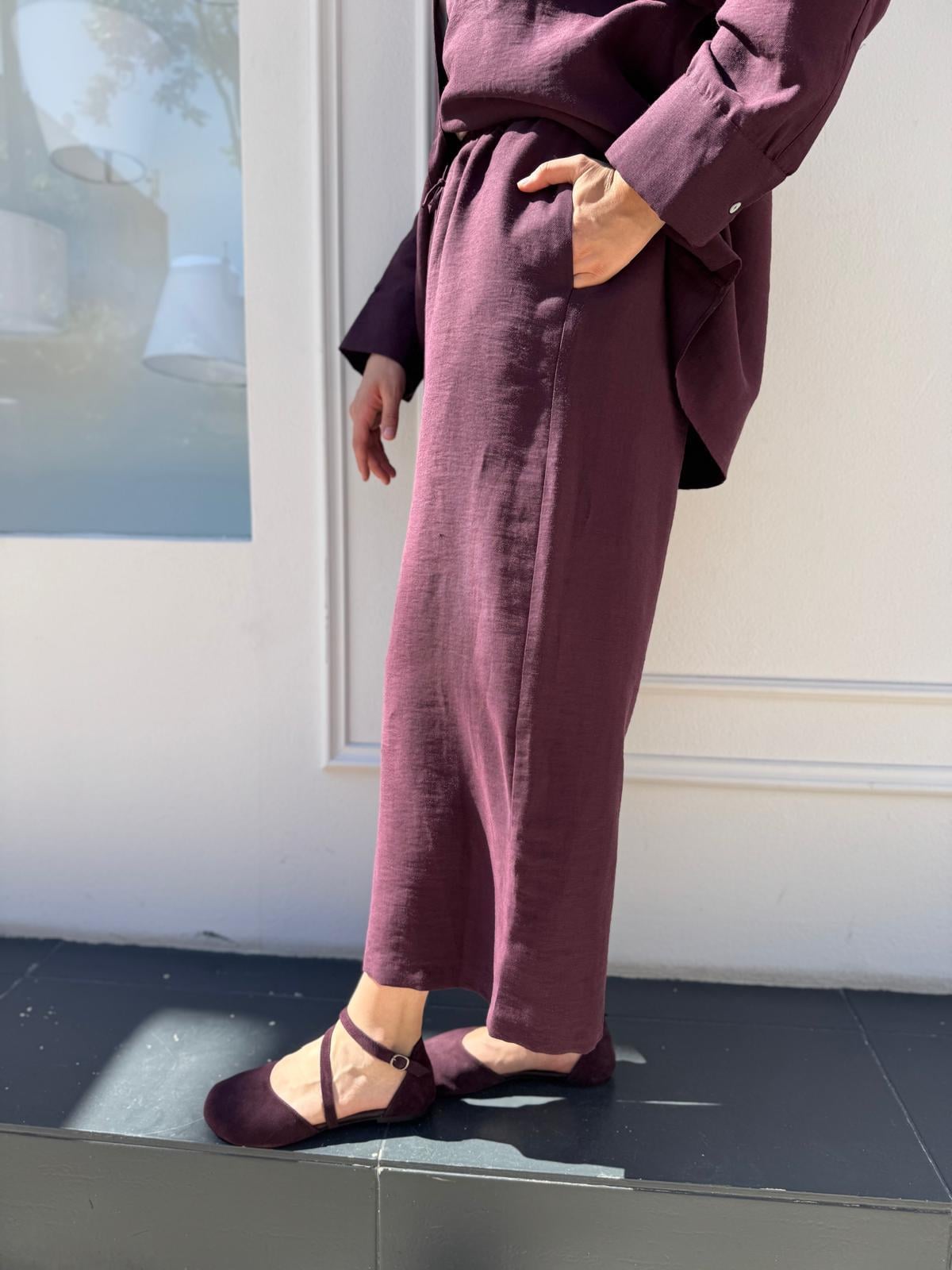 25SS309 Keten Geniş Paça Kadın Pantolon Bordo