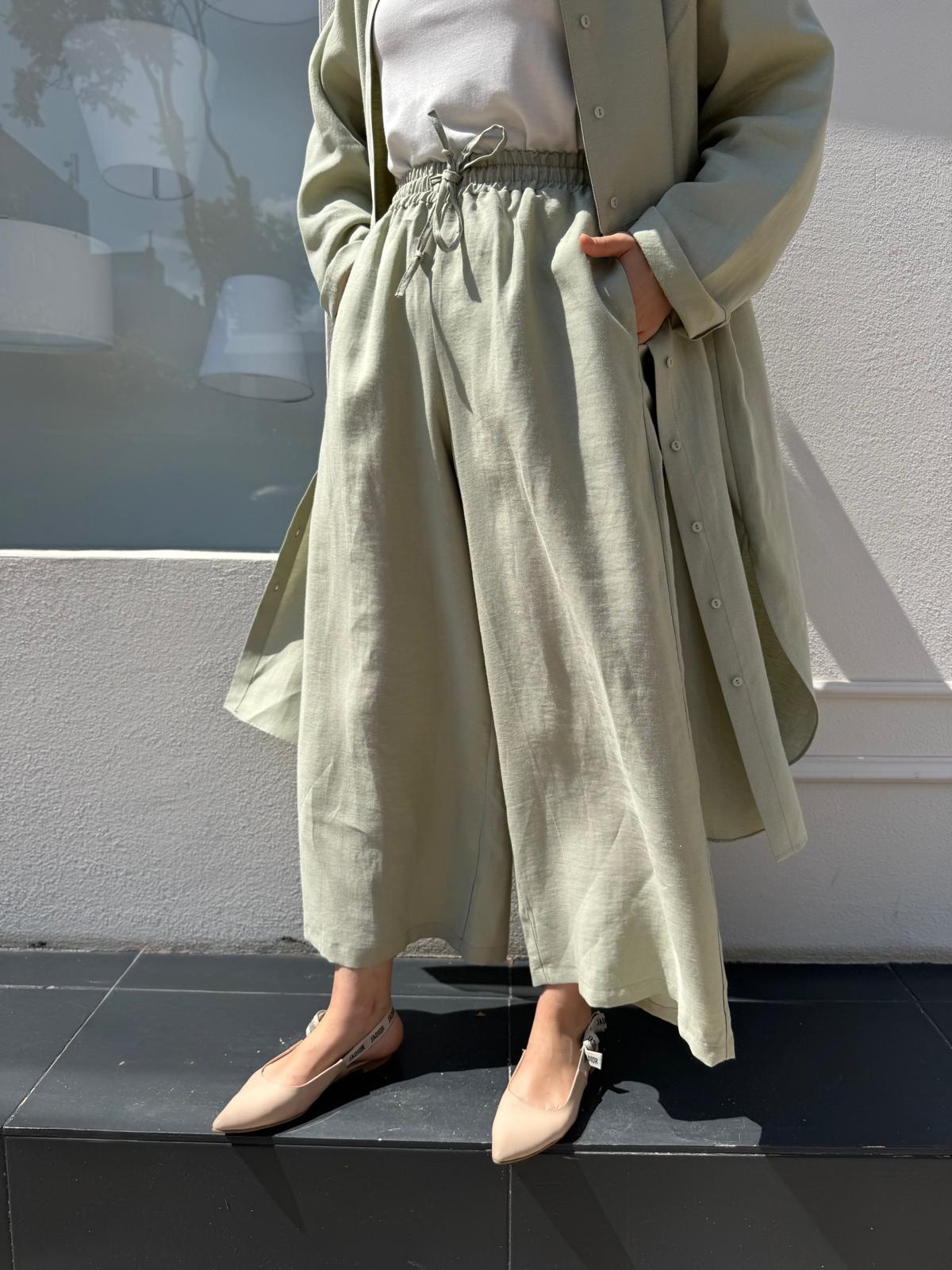 25SS309 Keten Geniş Paça Kadın Pantolon Mint