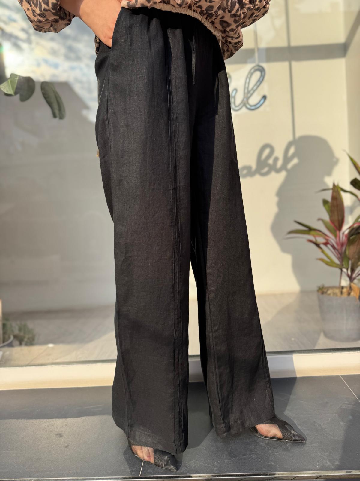 25SS328 Çizgi Dikişli Kadın Keten Pantolon Siyah