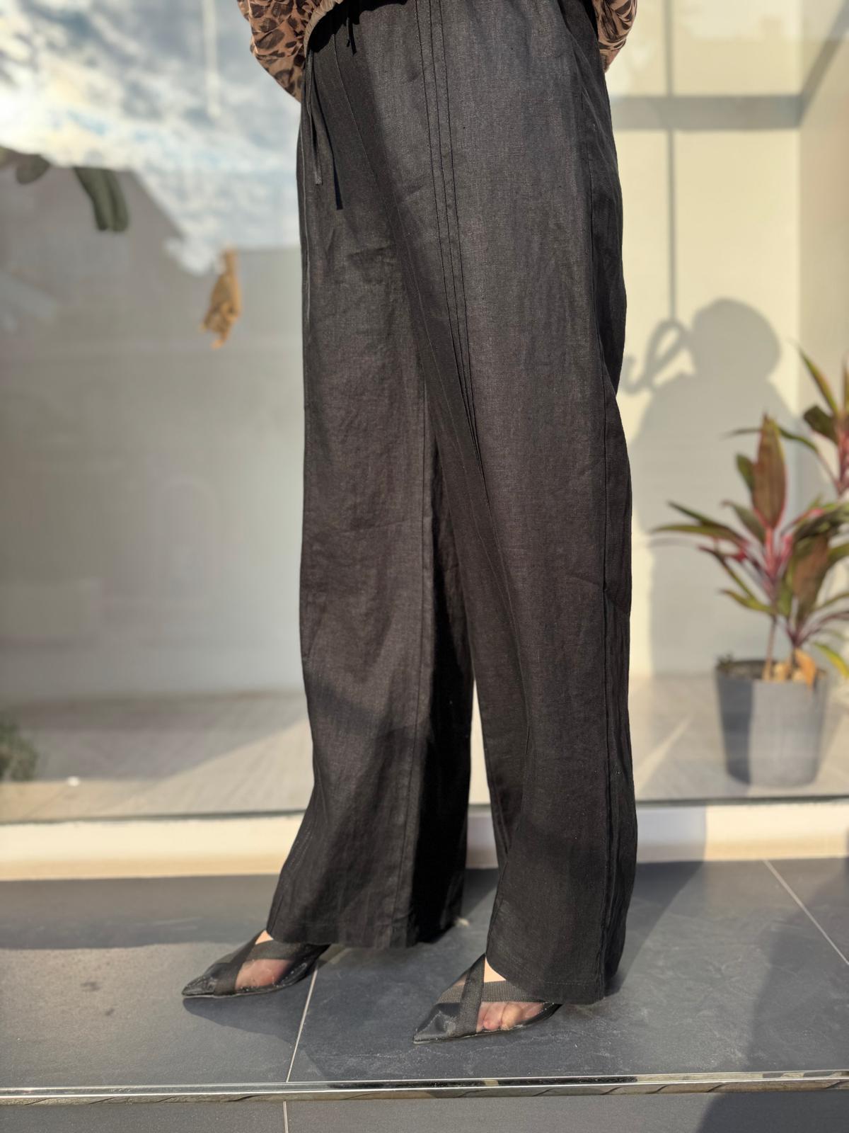 25SS328 Çizgi Dikişli Kadın Keten Pantolon Siyah