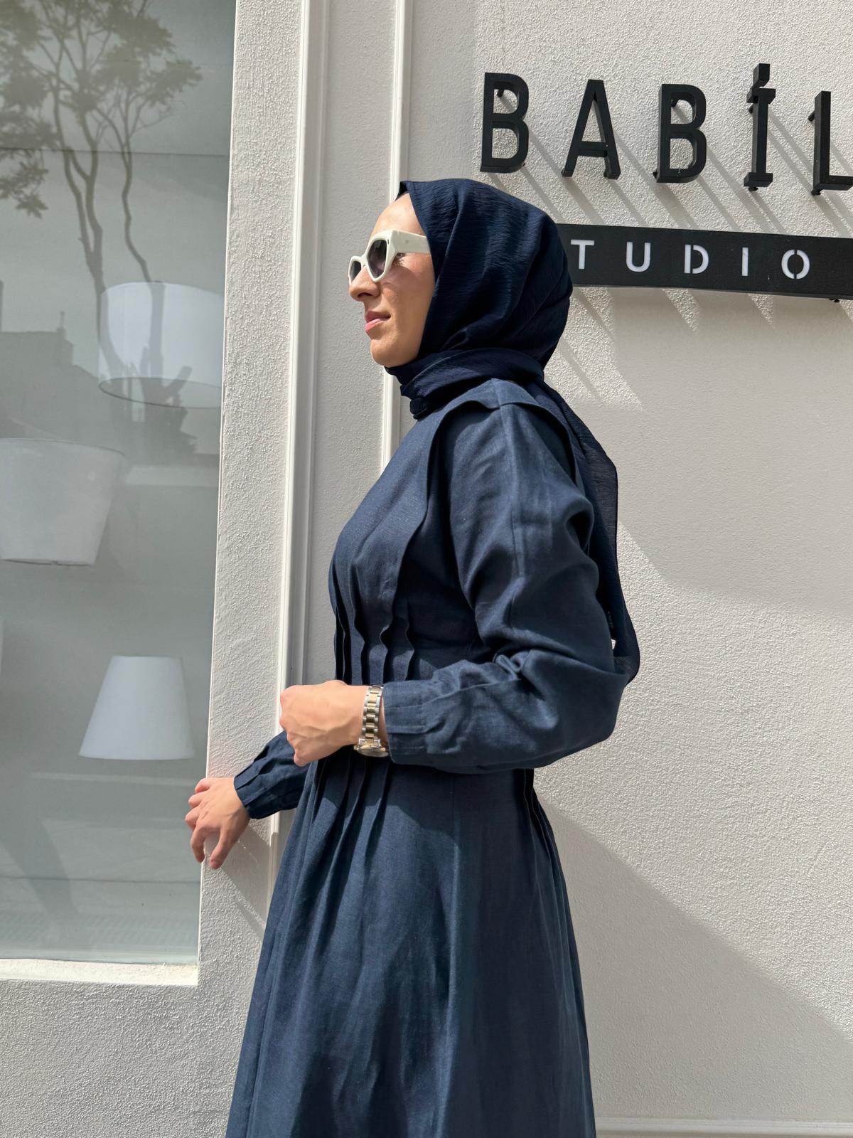 25SS403 Keten Drapeli Kadın Elbise Lacivert