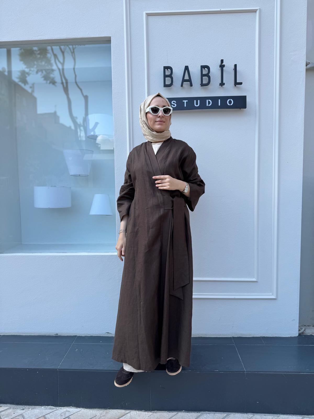 25SS620 Bağlamalı Keten Kadın Kimono Kahve