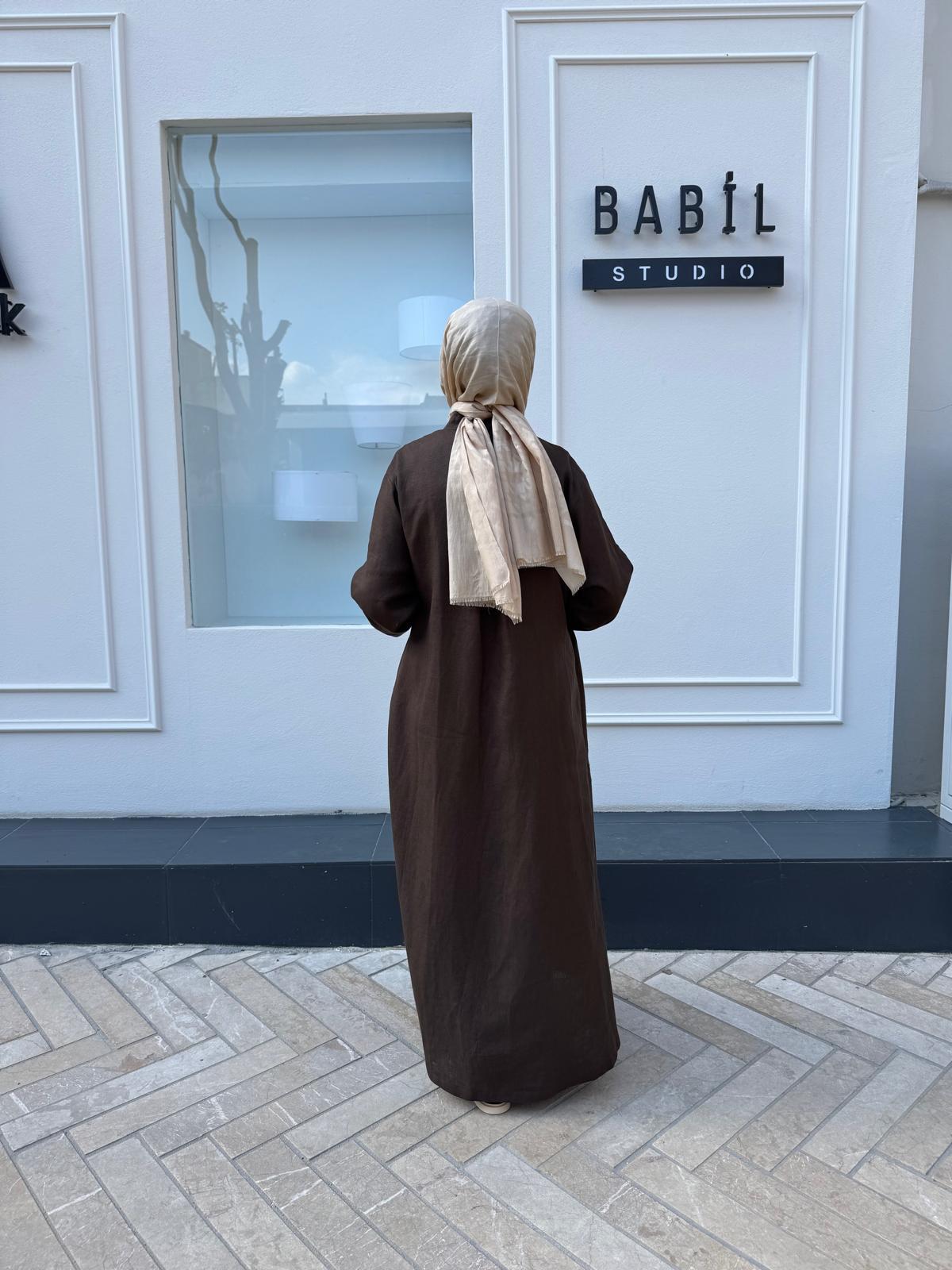 25SS620 Bağlamalı Keten Kadın Kimono Kahve