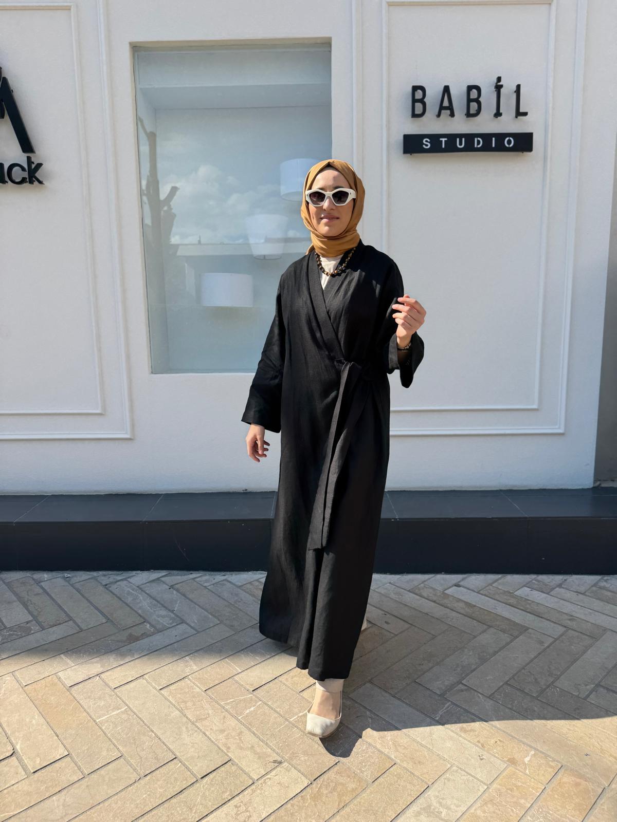 25SS620 Bağlamalı Keten Kadın Kimono Siyah