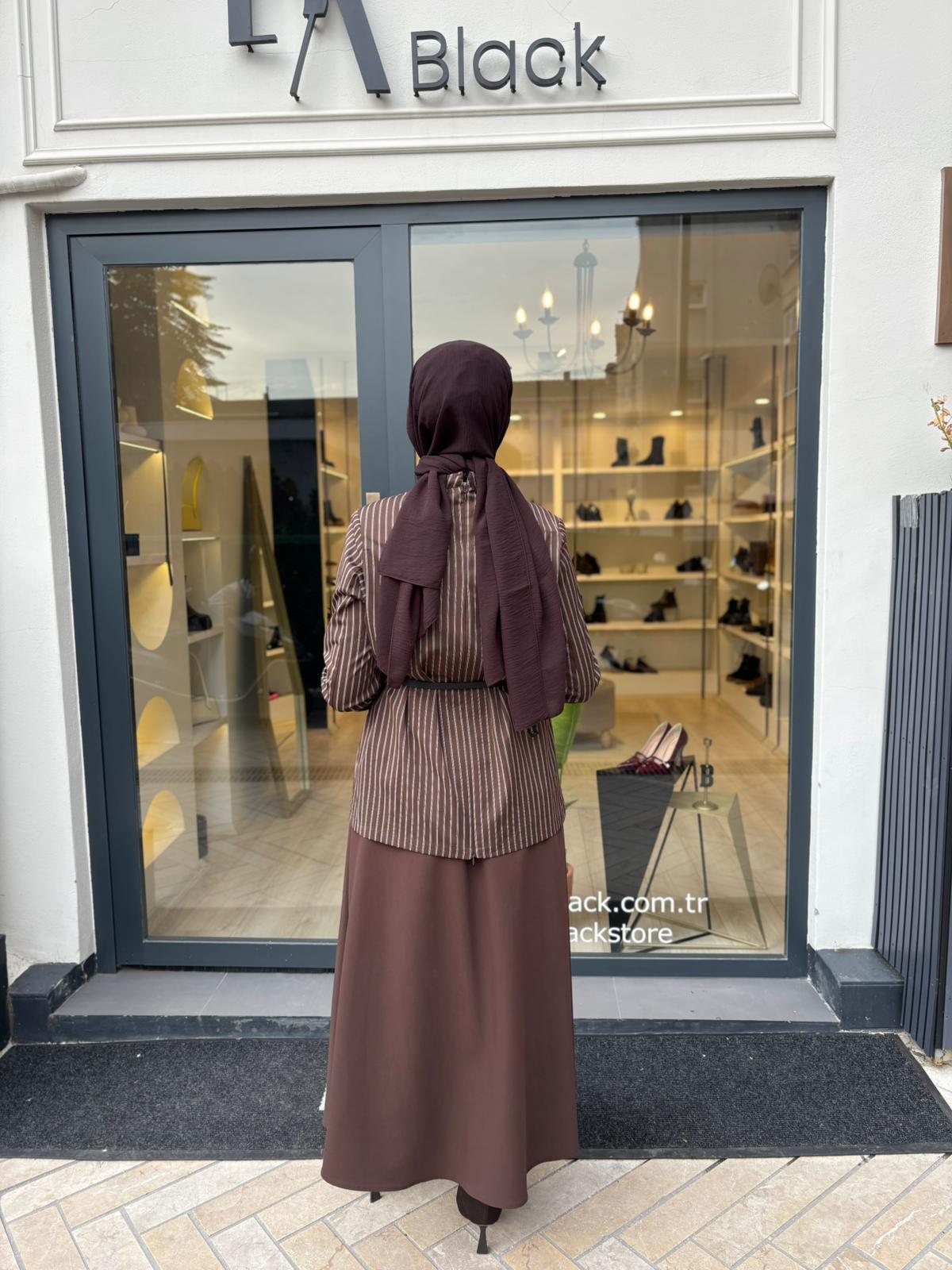 26FW202 Çizgili Kadın Bluz KAHVE ÇİZGİLİ