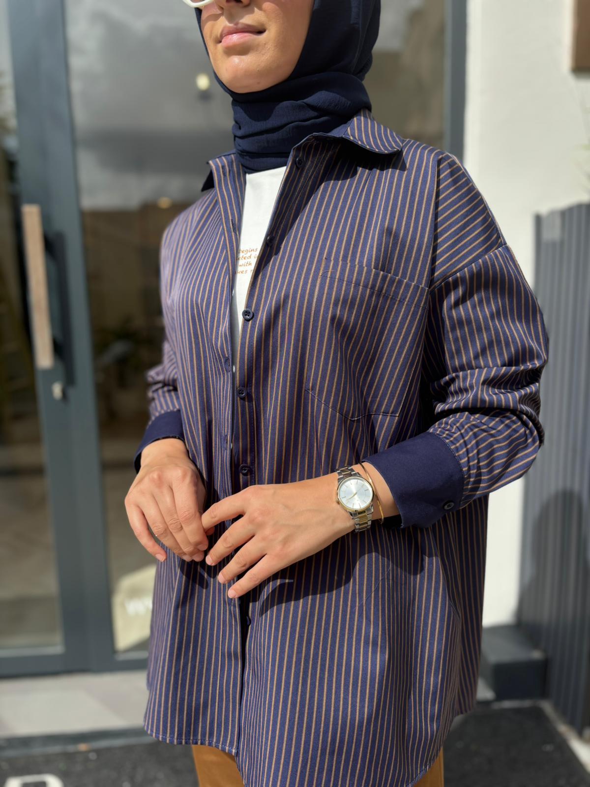 26FW206 Çizgili Kadın Gömlek Mavi