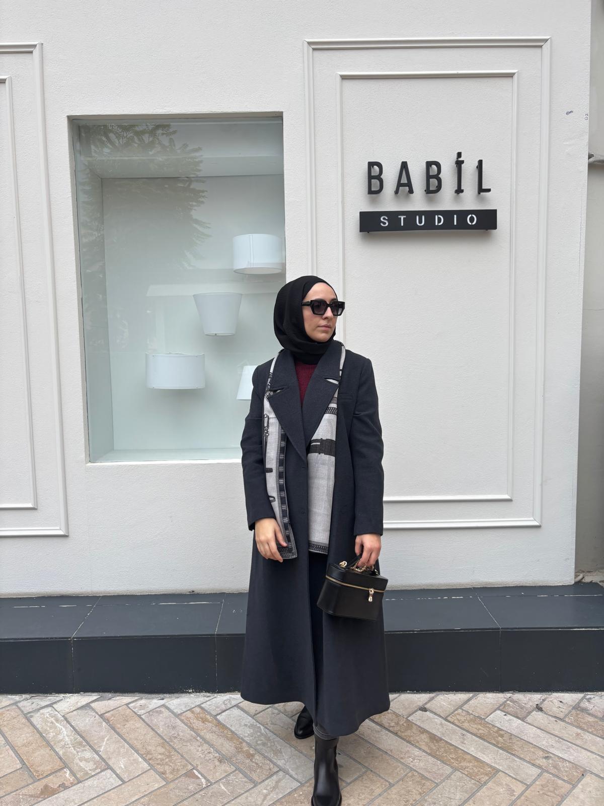 26FW604 Düğmeli Kadın Kaban Füme
