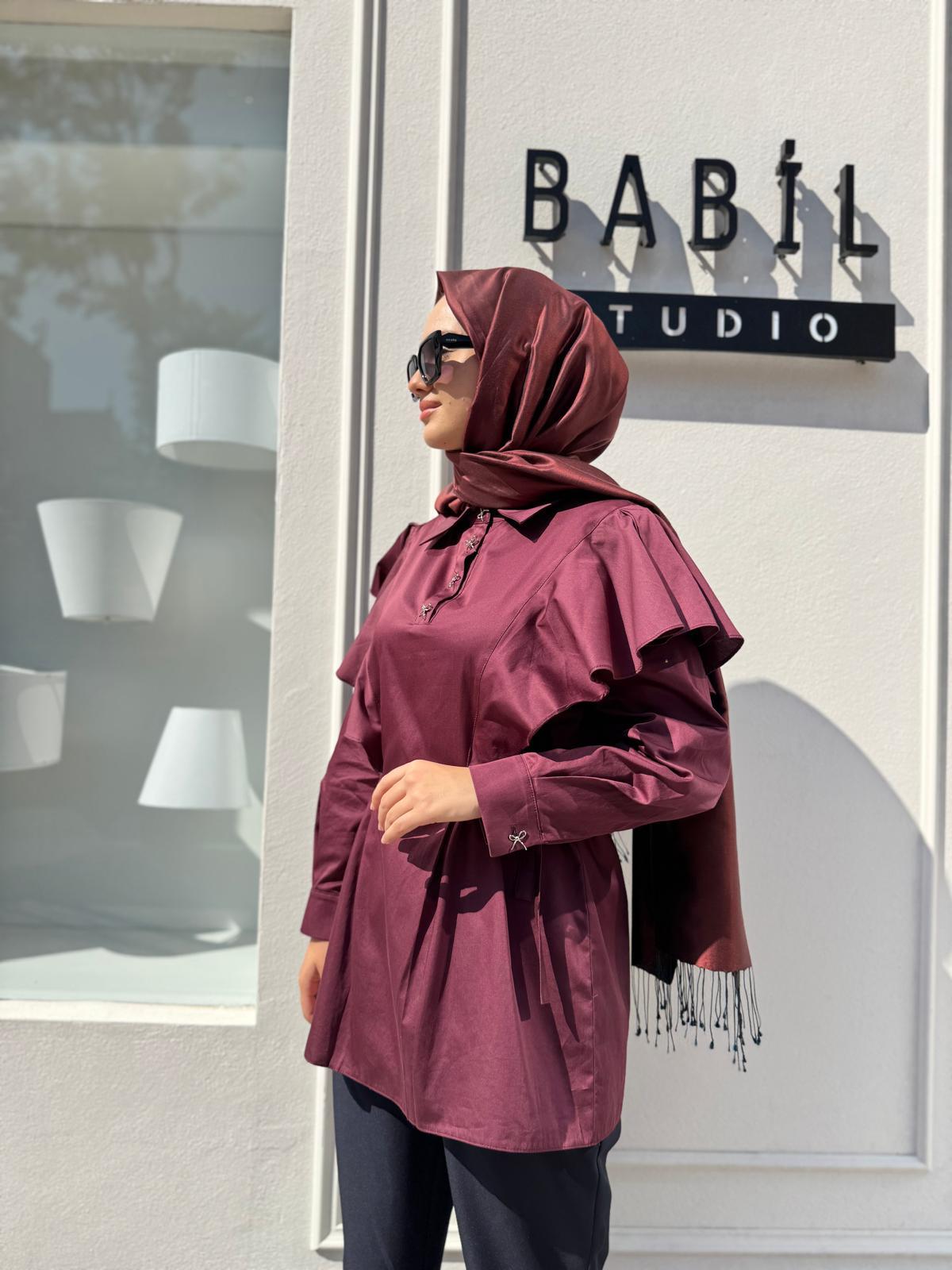 26FWGOM0007 Düğme Detaylı Kadın Gömlek Bordo