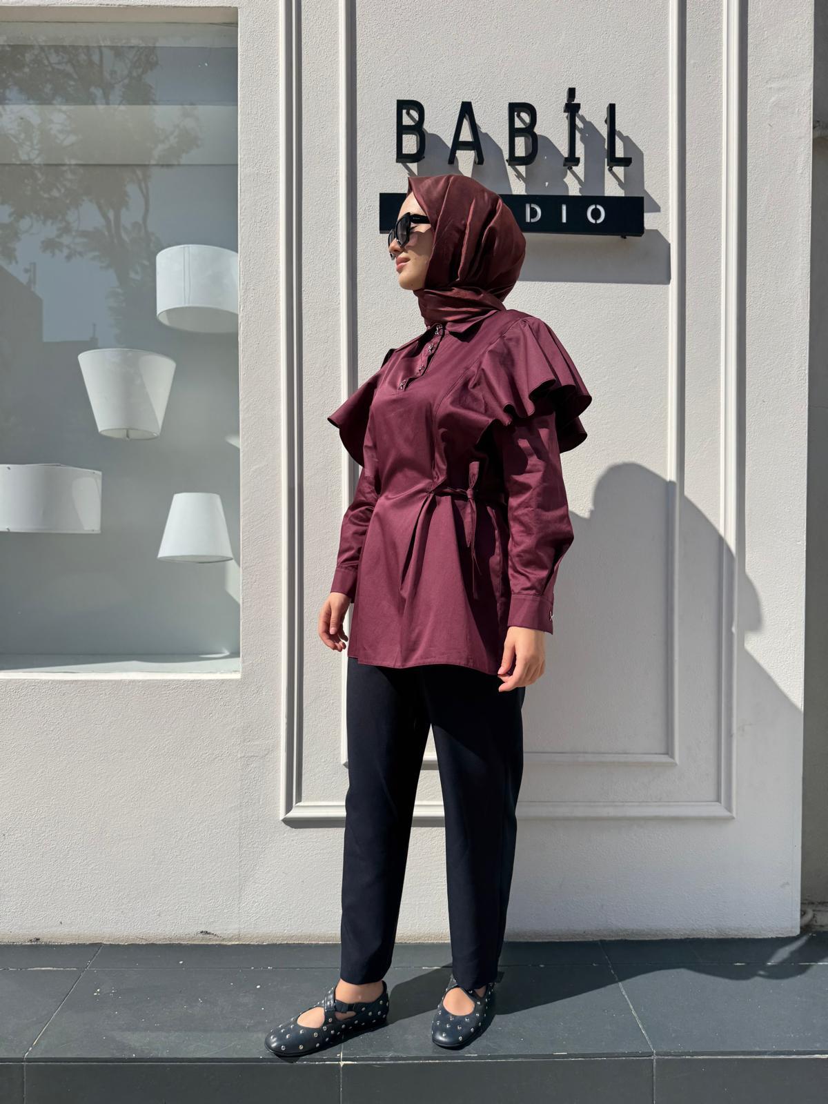 26FWGOM0007 Düğme Detaylı Kadın Gömlek Bordo