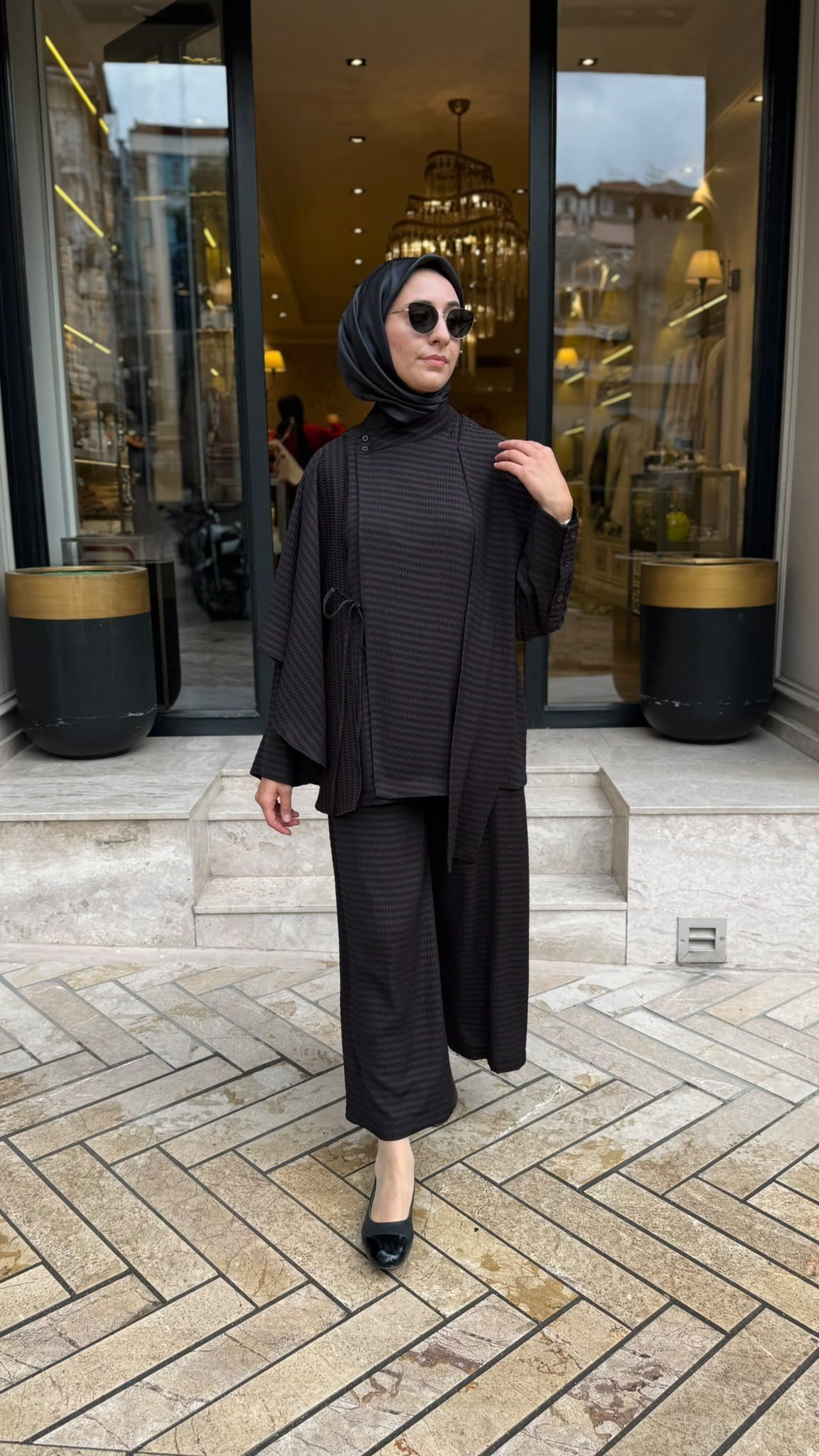 27FW201 Şal Bağlamalı Desenli Kadın Takım Kahve