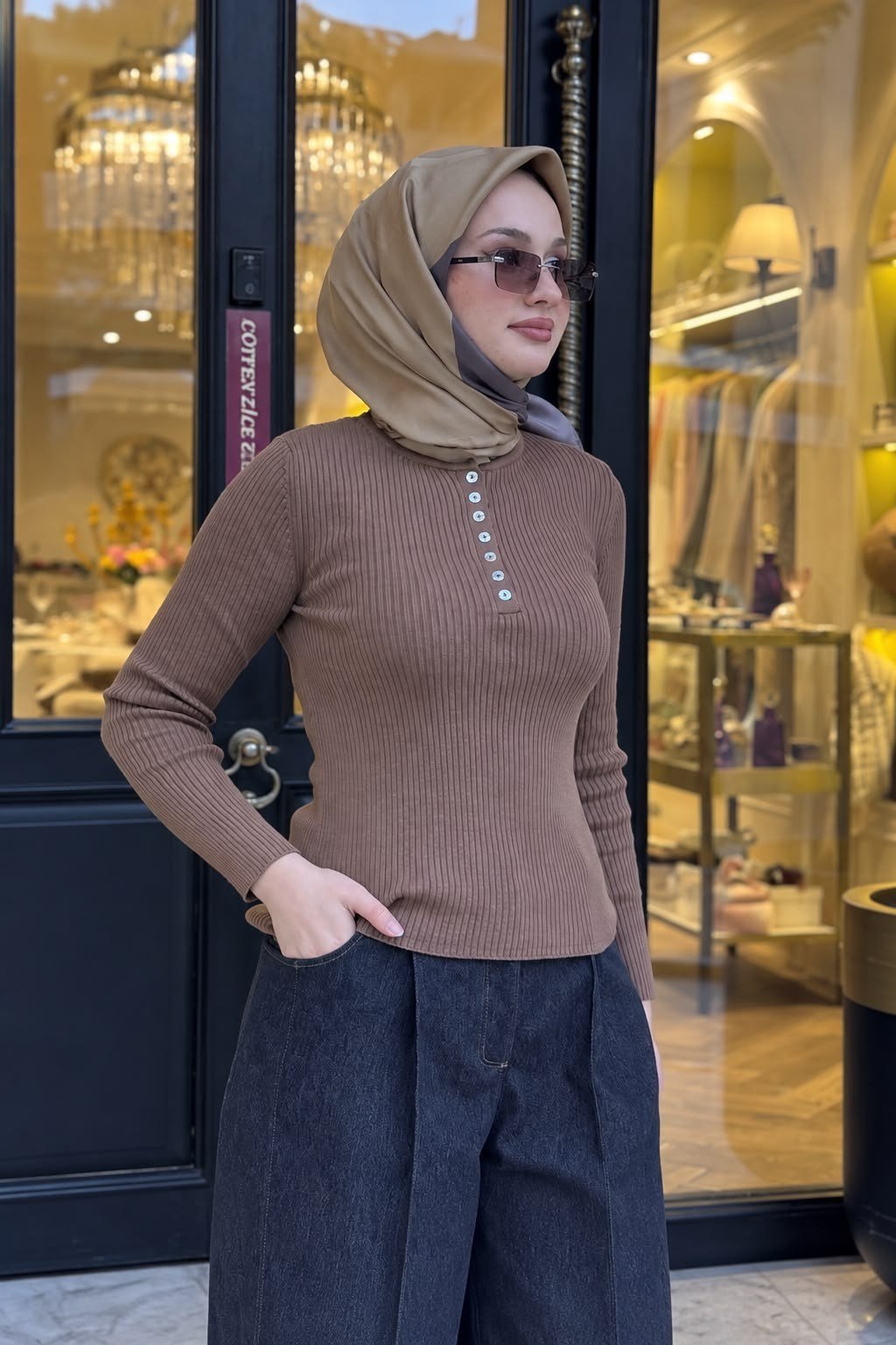 27FW229 Düğmeli Triko Kadın Bluz Taba