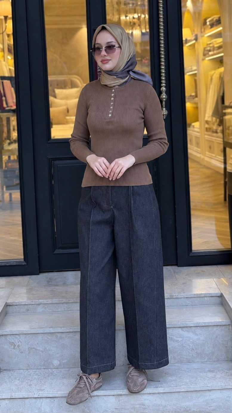 27FW229 Düğmeli Triko Kadın Bluz Taba