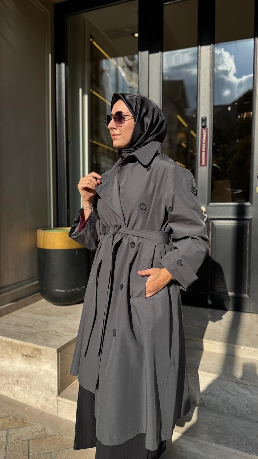 27FW601 Ekose Detay Kadın Trençkot Gri