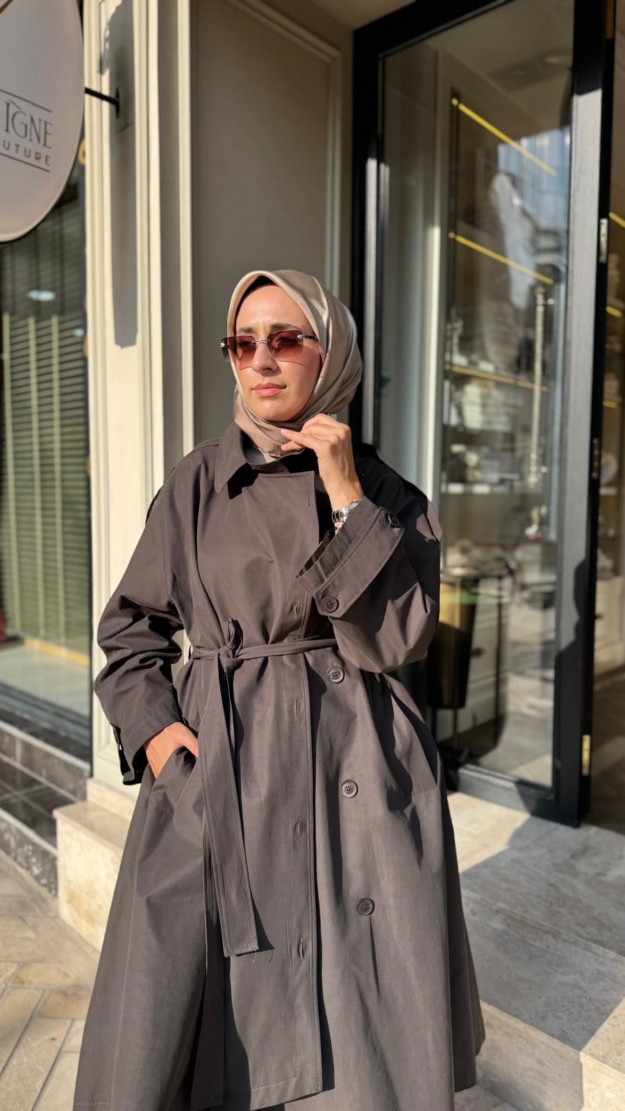 27FW601 Ekose Detay Kadın Trençkot Kahve