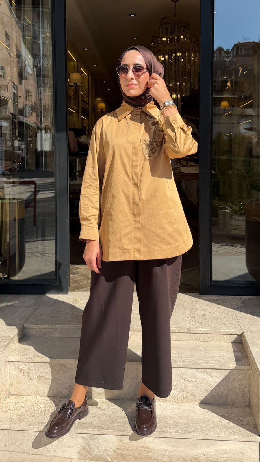 27FWGOM0008 Briony İşlemeli Kadın Gömlek Camel