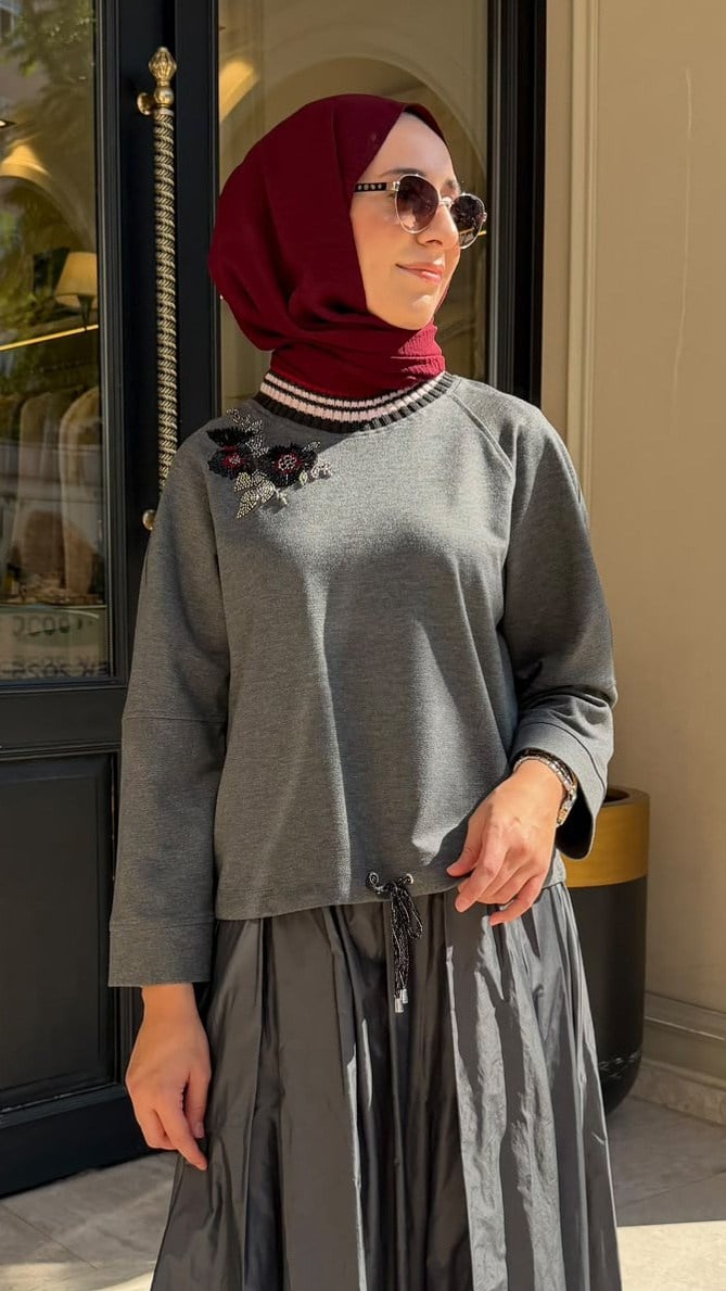 27FWSWE0013 Junni İşlemeli Kadın Sweat Gri