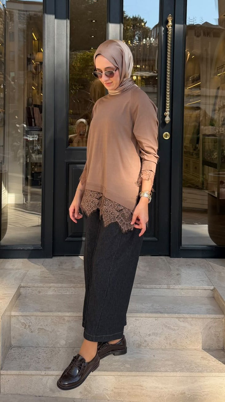 27FWTRI0018 Harmony Dantelli Kadın Triko Camel