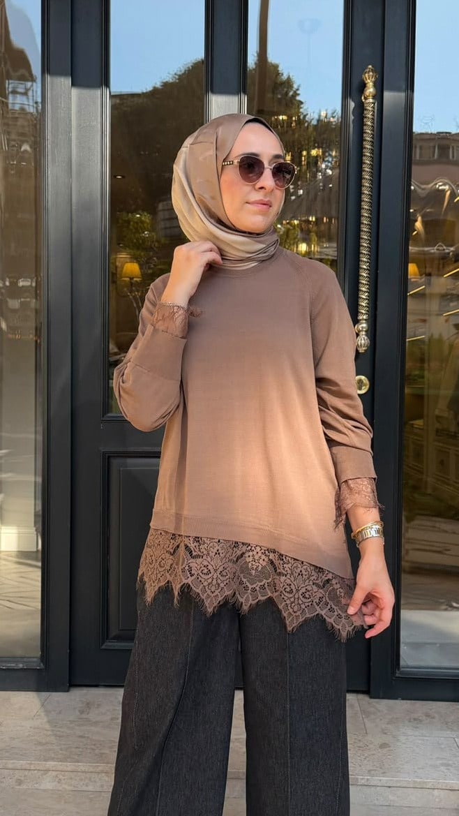 27FWTRI0018 Harmony Dantelli Kadın Triko Camel