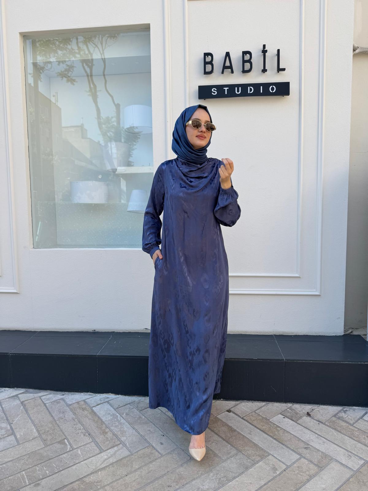 303789 Kumaş Desenli Kemerli Kadın Elbise Mavi