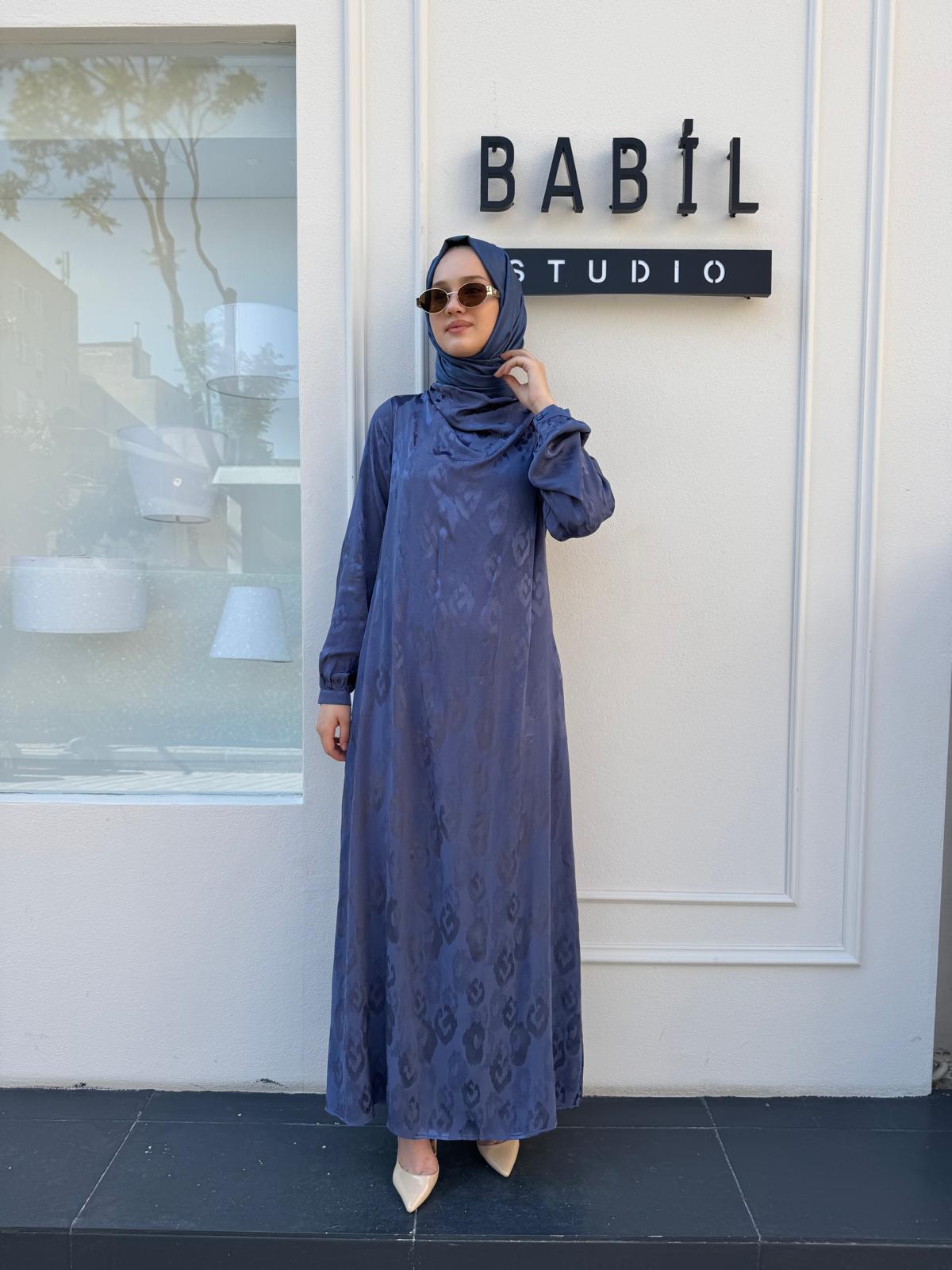 303789 Kumaş Desenli Kemerli Kadın Elbise Mavi