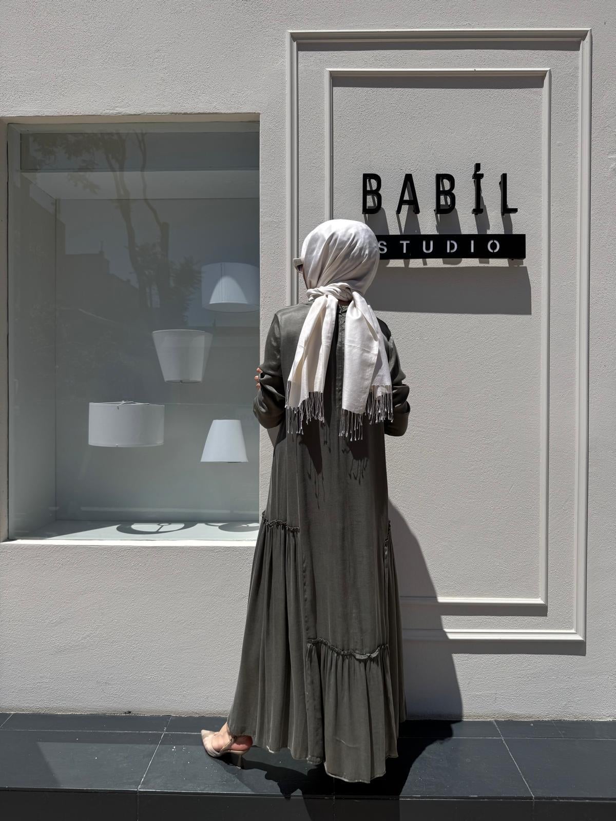 303848 Fırfır Desenli Basic İpek Elbise Yeşil