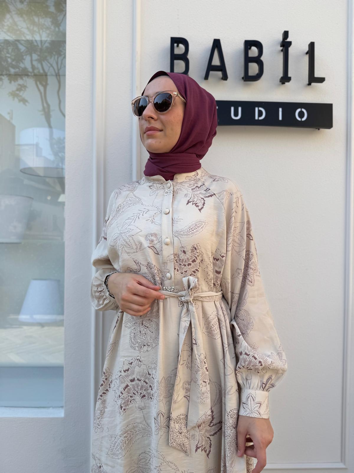 303849 Desenli Pamuk Kadın Elbise Bej