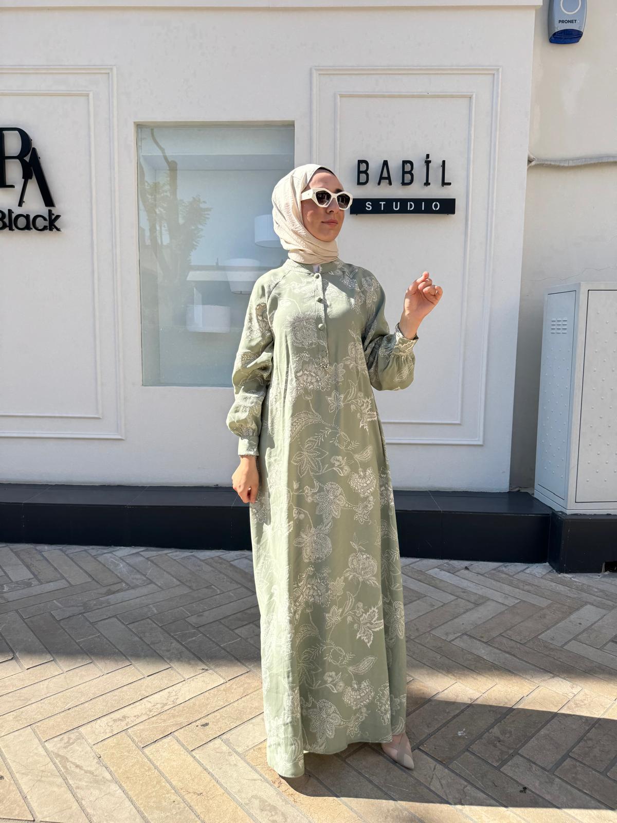 303849 Desenli Pamuk Kadın Elbise Yeşil