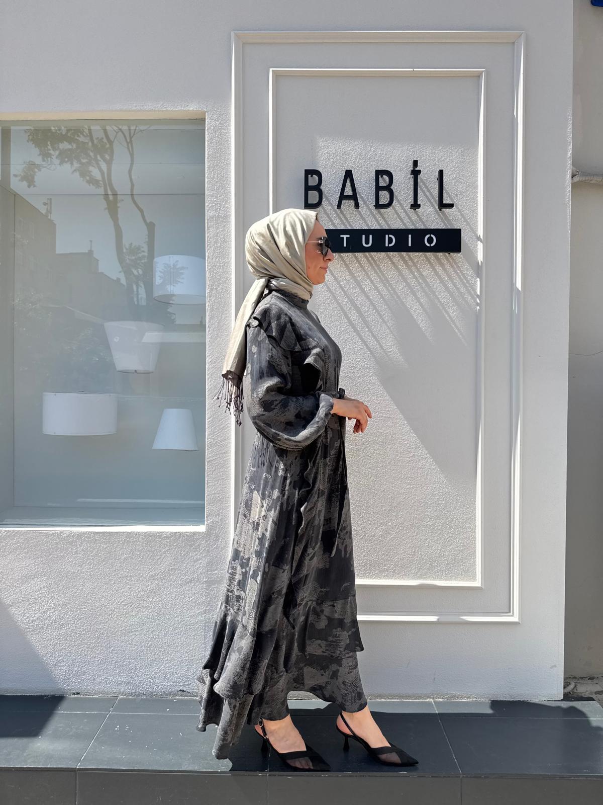 303858 Fırfırlı Desenli Kadın Elbise Antrasit