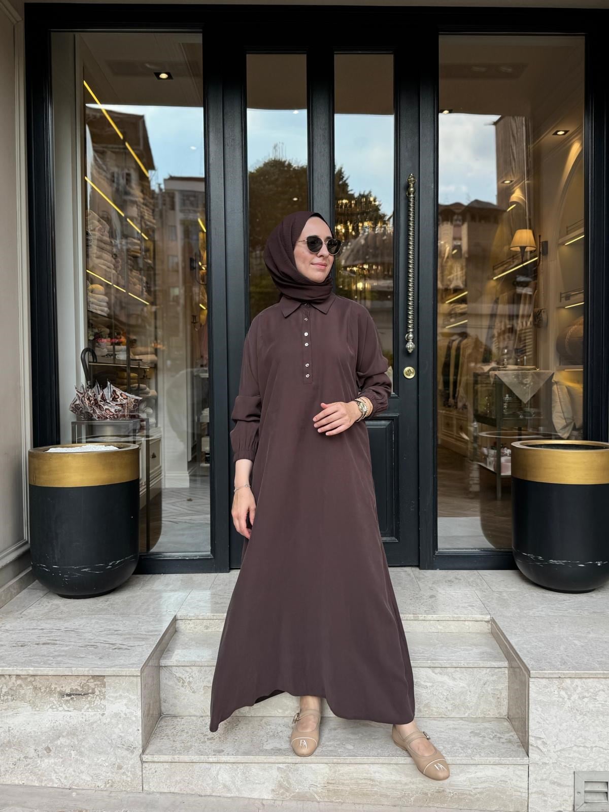 303893 Düğmeli Kadın Elbise Acı Kahve