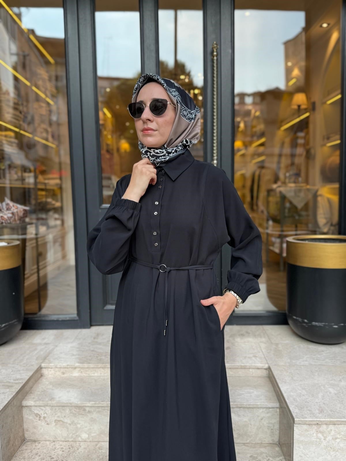 303893 Düğmeli Kadın Elbise Siyah