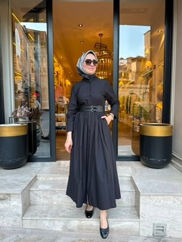 303898 Kemerli Kadın Elbise Siyah