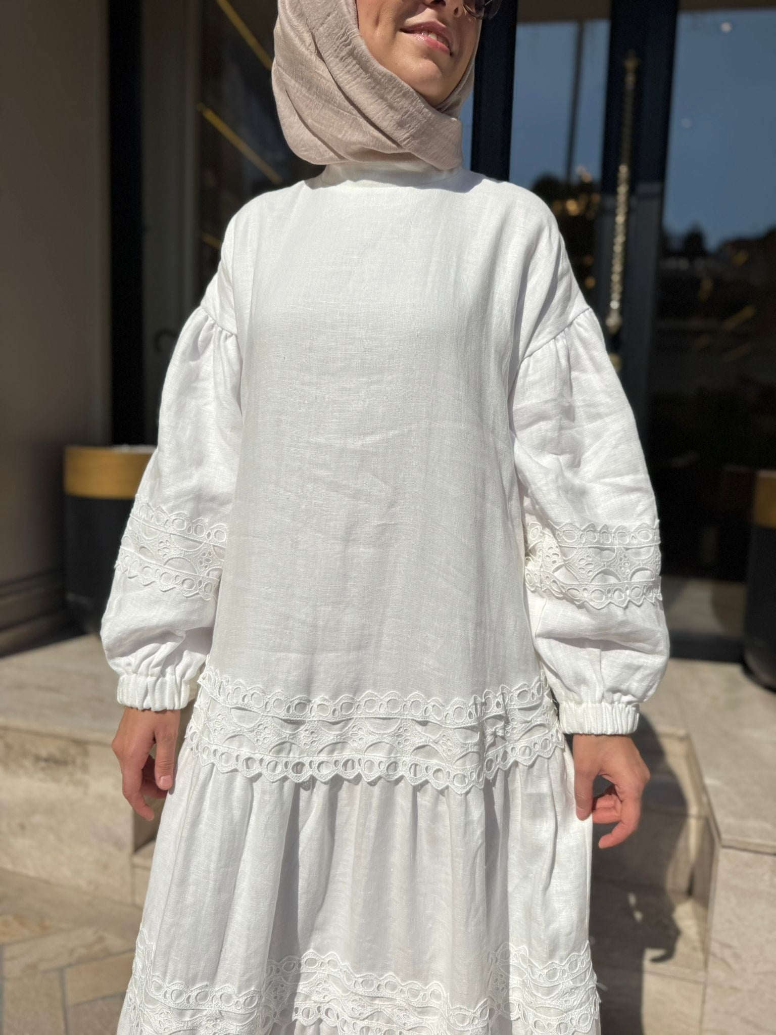 303903 Güpür Detay Kadın Elbise Beyaz