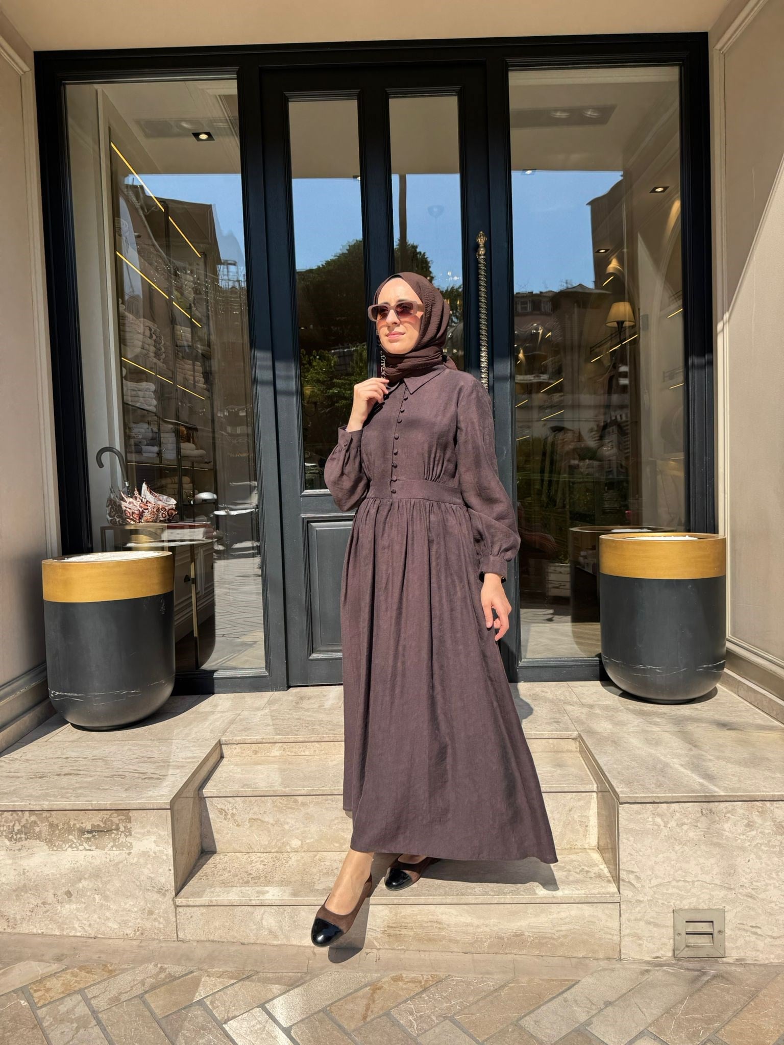 303912 Brite Düğmeli Kadın Elbise Kahve
