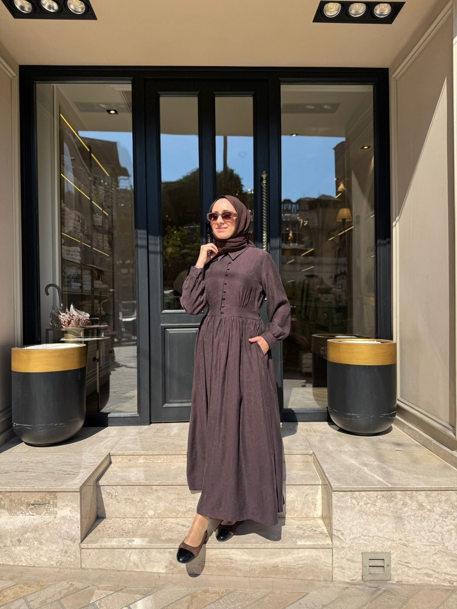 303912 Brite Düğmeli Kadın Elbise Kahve