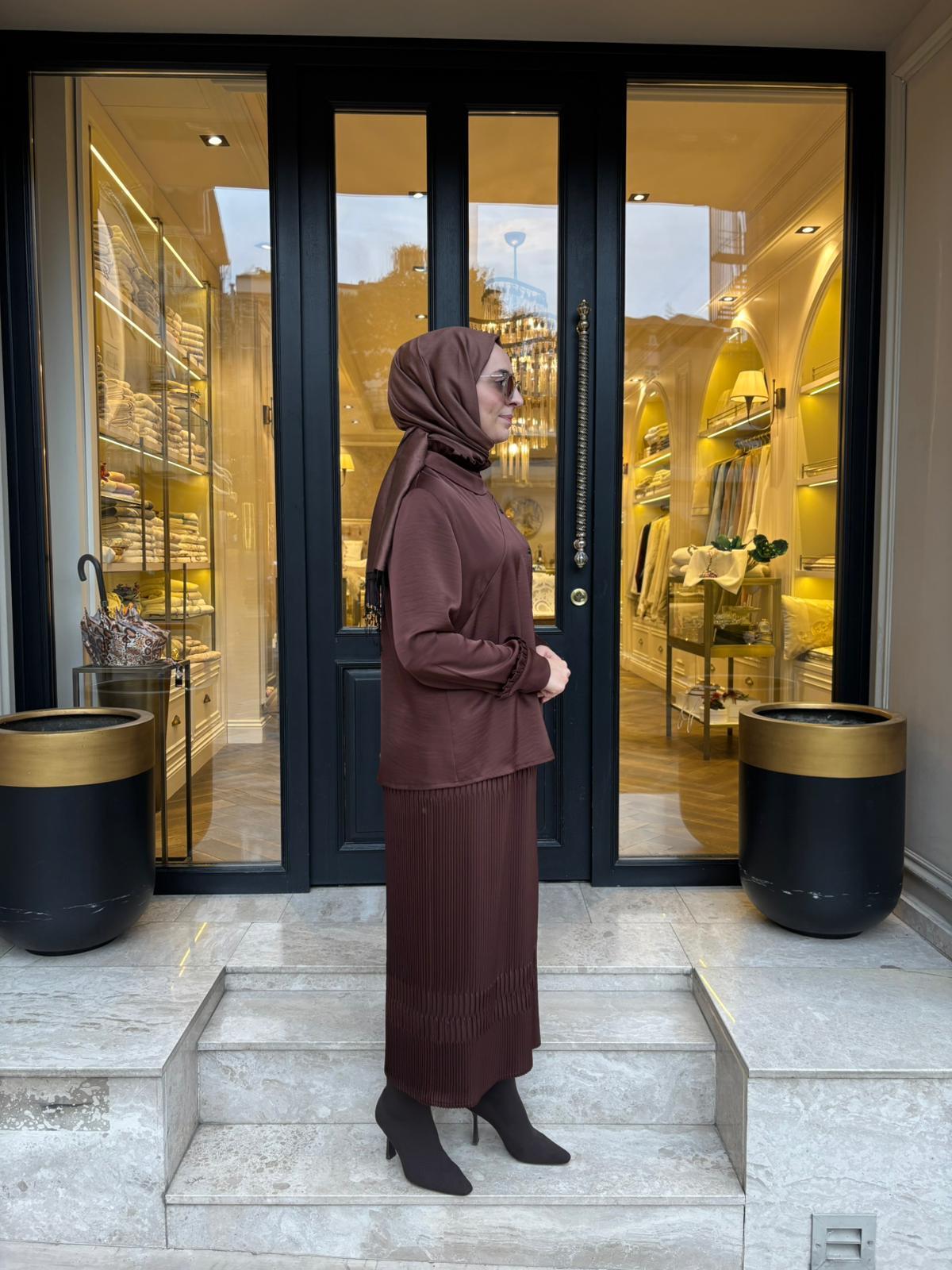38015 Düğmeli Kadın Takım Kahve