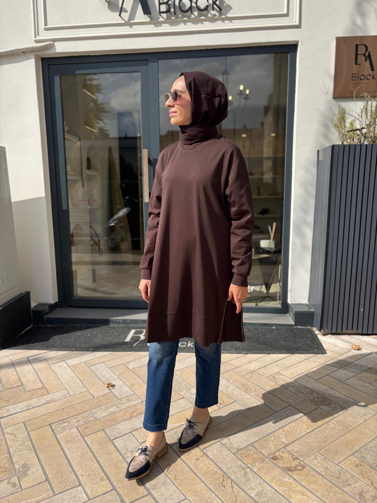 38020 Fermuar Detay Kadın Tunik Kahve