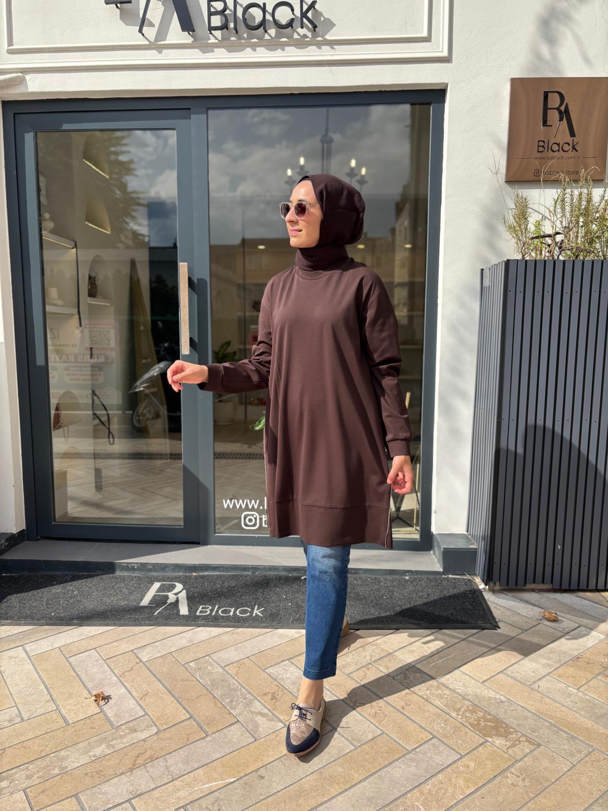 38020 Fermuar Detay Kadın Tunik Kahve