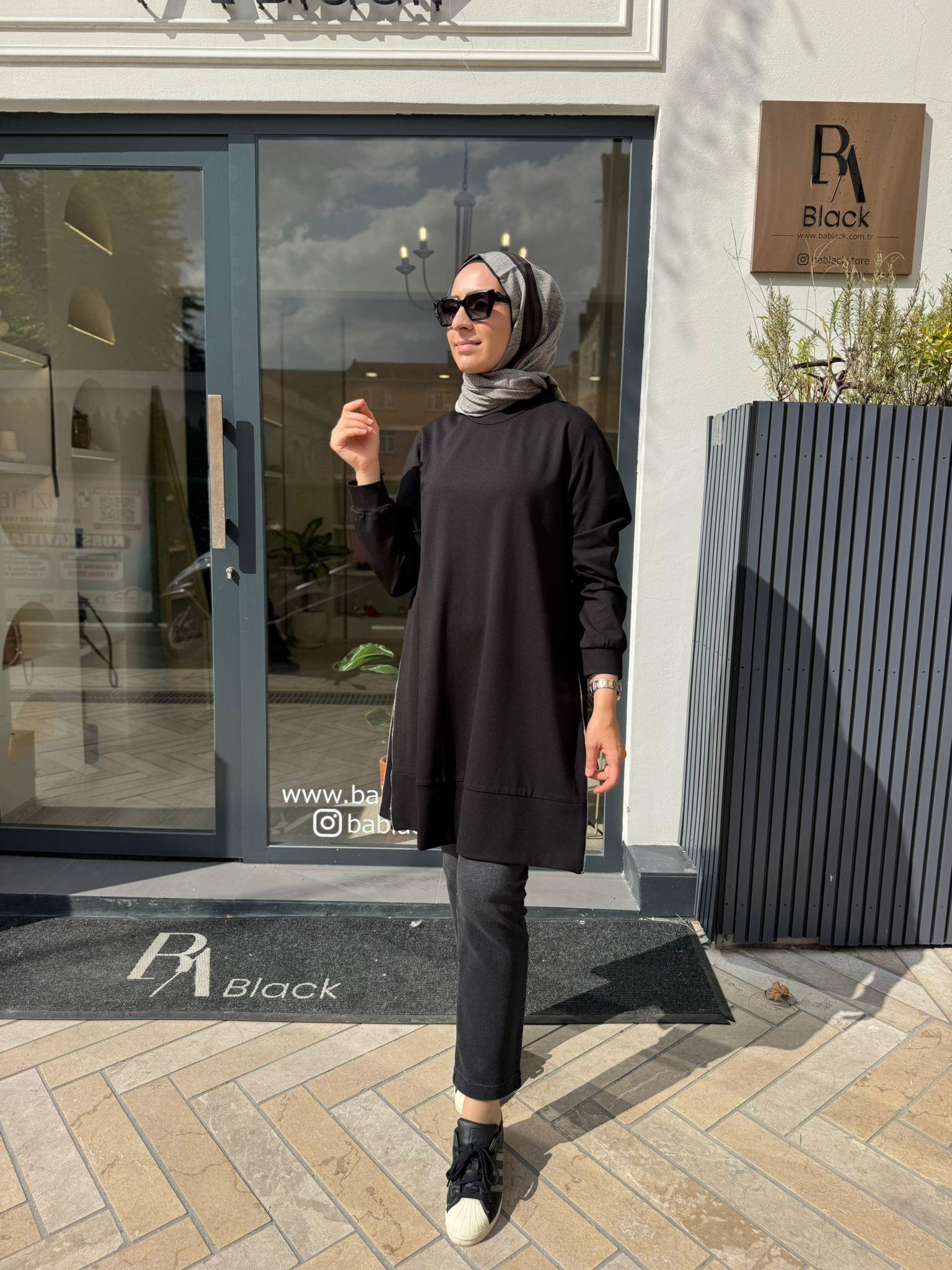 38020 Fermuar Detay Kadın Tunik Siyah