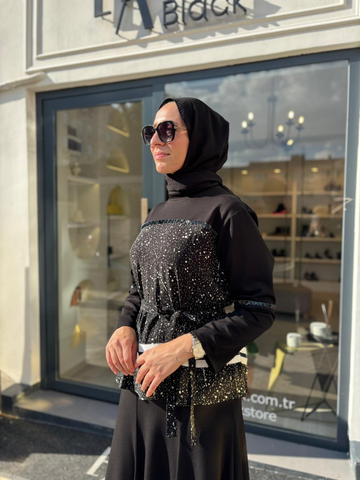 38027 Deri Detay Kadın Takım Siyah