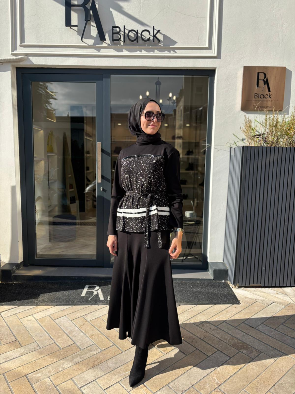 38027 Deri Detay Kadın Takım Siyah
