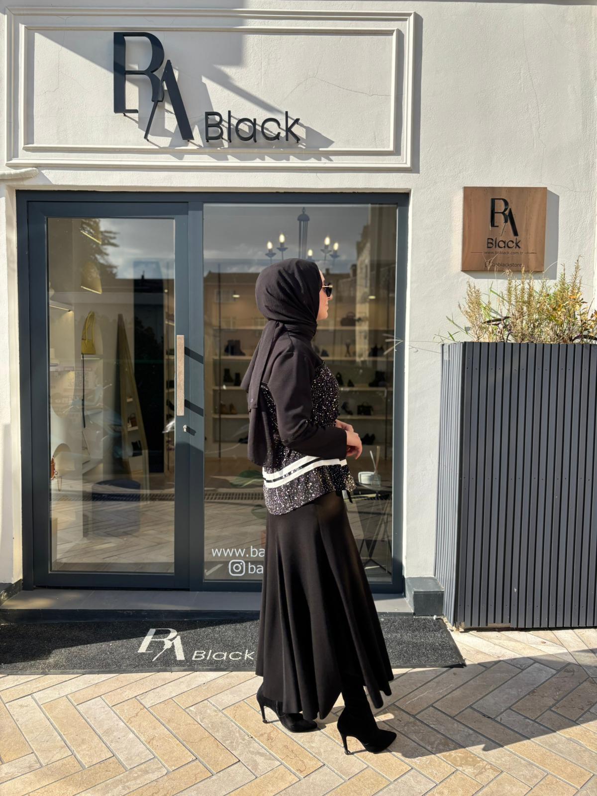 38027 Deri Detay Kadın Takım Siyah