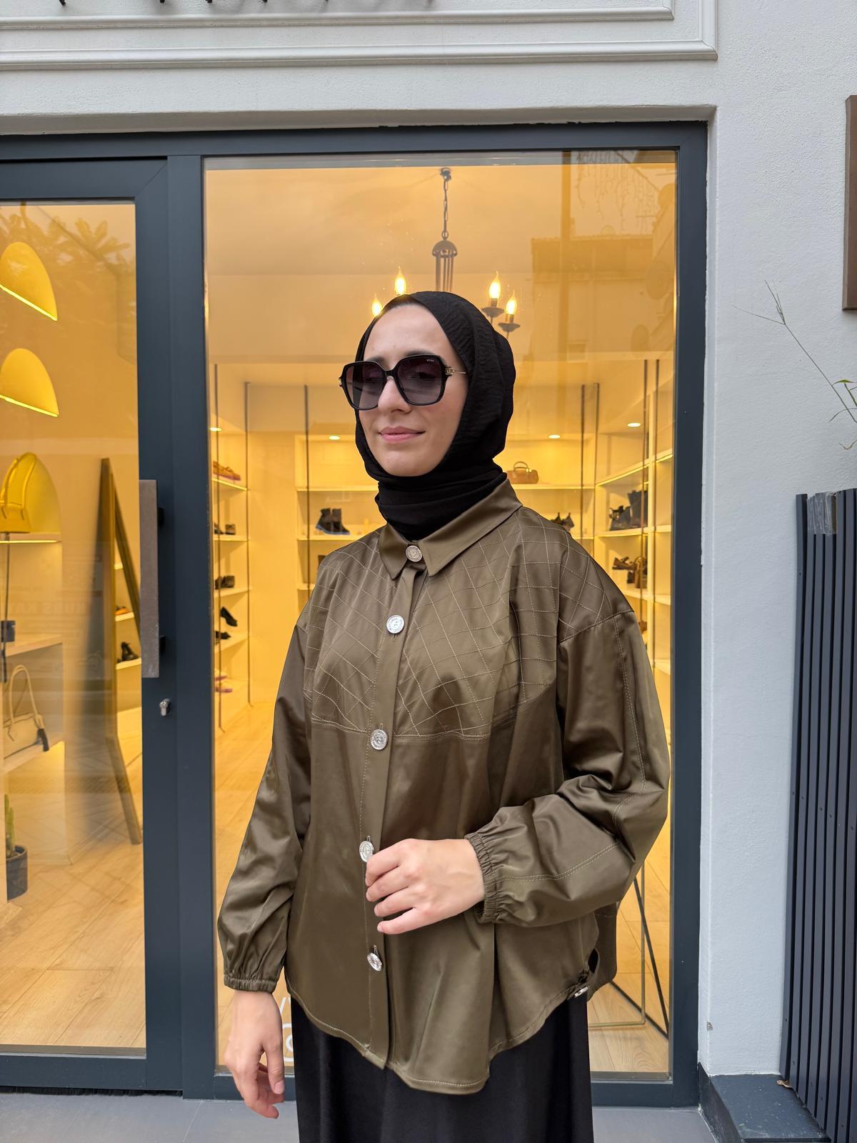 38031 Baklava Dikişli Kadın Gömlek Haki Yeşil